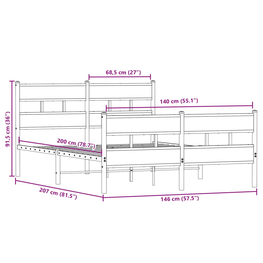 Metal Bed Frame without Mattress Sonoma Oak 140x200 cm