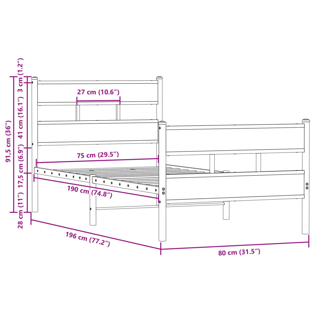 Bed Frame without Mattress with Headboard and Footboard 75x190 cm Small Single