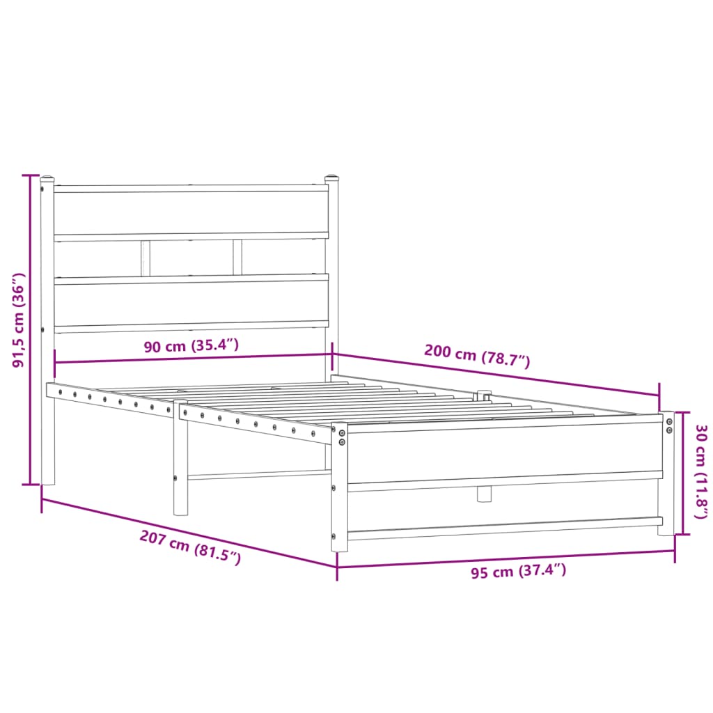 Metal Bed Frame without Mattress Smoked Oak 90x200 cm