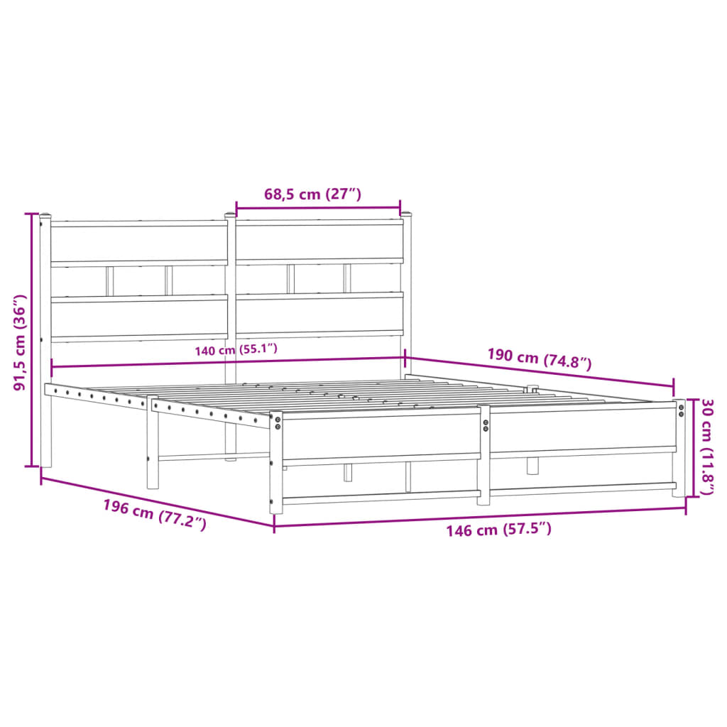 Metal Bed Frame without Mattress Smoked Oak 140x190 cm