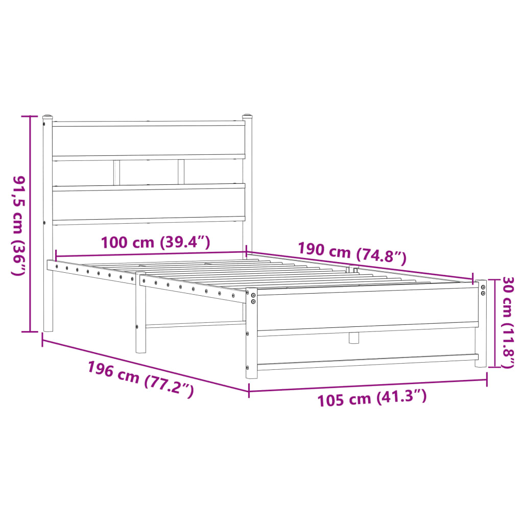 Metal Bed Frame without Mattress Brown Oak 100x190 cm