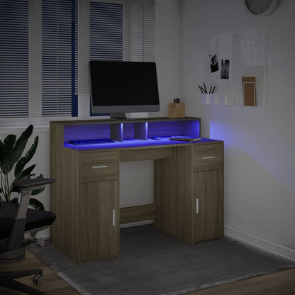 Desk with LED Lights Sonoma Oak 120x55x91 cm Engineered Wood