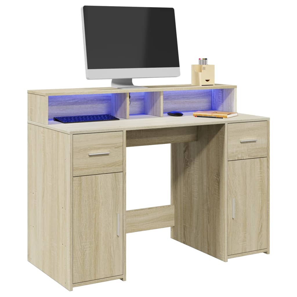 Desk with LED Lights Sonoma Oak 120x55x91 cm Engineered Wood