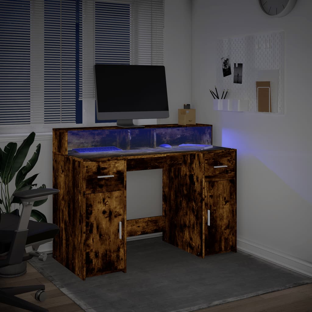 Desk with LED Lights Smoked Oak 120x55x91 cm Engineered Wood