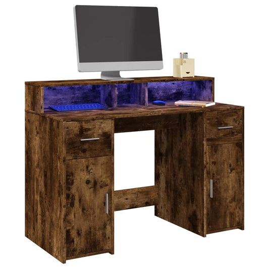 Desk with LED Lights Smoked Oak 120x55x91 cm Engineered Wood