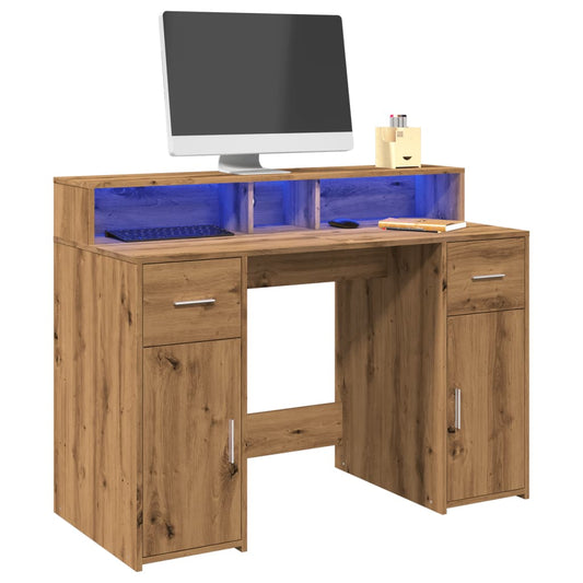 Desk with LED Lights Artisian Oak 120x55x91 cm Engineered Wood