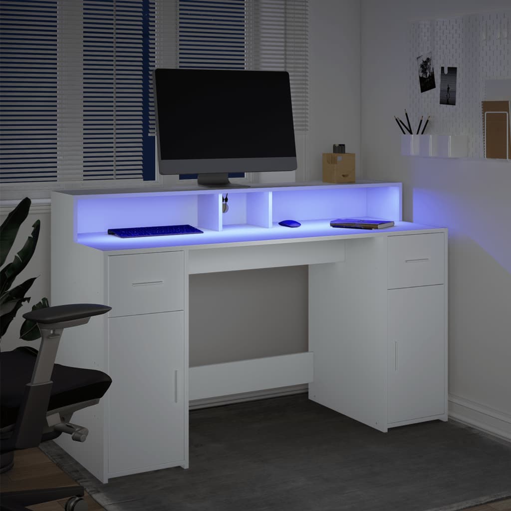 Desk with LED Lights White 140x55x91 cm Engineered Wood