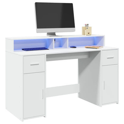 Desk with LED Lights White 140x55x91 cm Engineered Wood