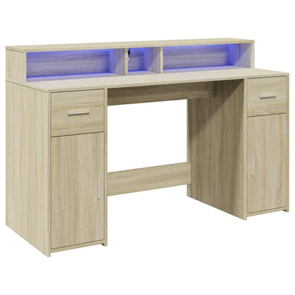 Desk with LED Lights Sonoma Oak 140x55x91 cm Engineered Wood