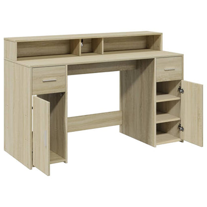 Desk with LED Lights Sonoma Oak 140x55x91 cm Engineered Wood