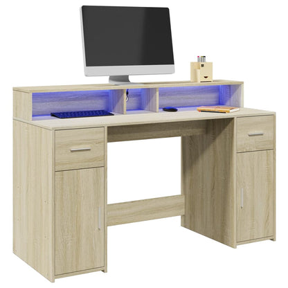 Desk with LED Lights Sonoma Oak 140x55x91 cm Engineered Wood