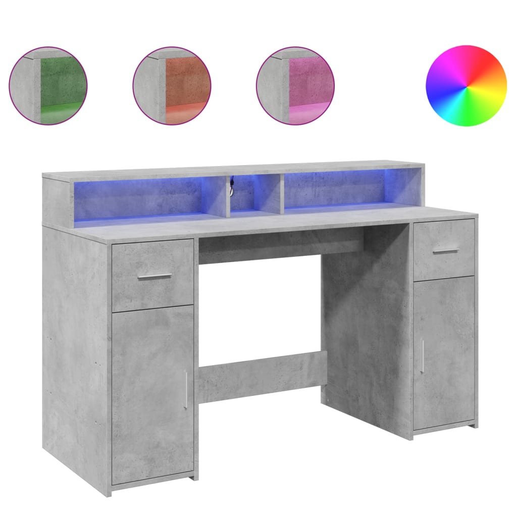 Desk with LED Lights Concrete Grey 140x55x91 cm Engineered Wood