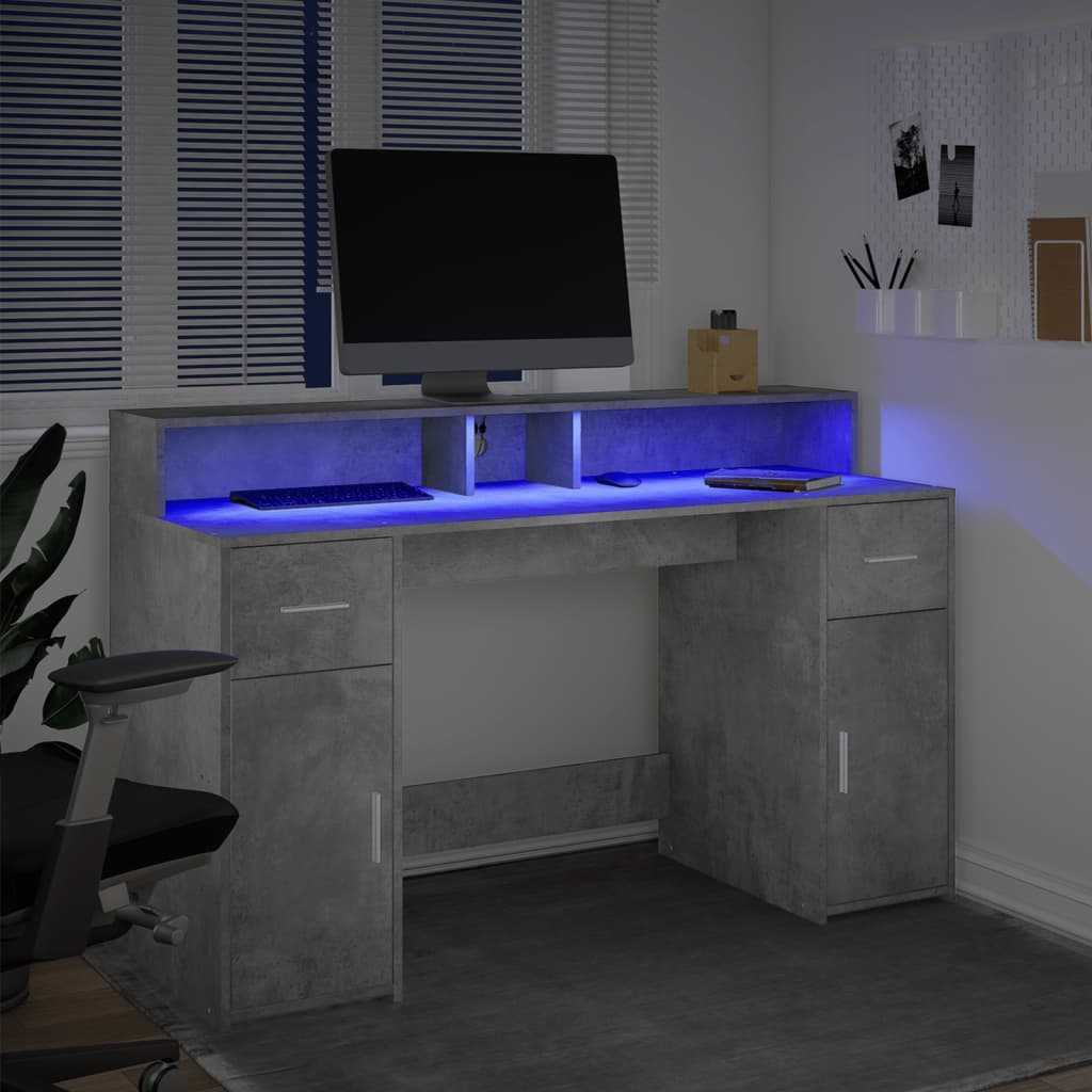 Desk with LED Lights Concrete Grey 140x55x91 cm Engineered Wood