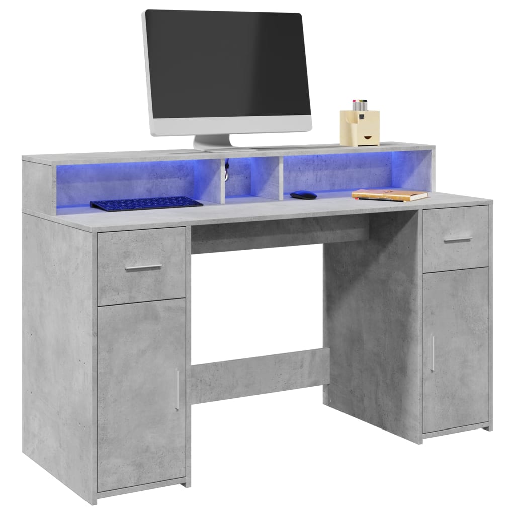 Desk with LED Lights Concrete Grey 140x55x91 cm Engineered Wood