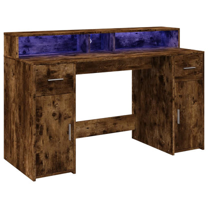 Desk with LED Lights Smoked Oak 140x55x91 cm Engineered Wood