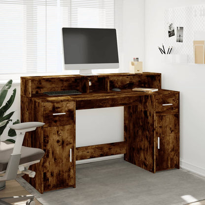 Desk with LED Lights Smoked Oak 140x55x91 cm Engineered Wood