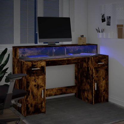 Desk with LED Lights Smoked Oak 140x55x91 cm Engineered Wood