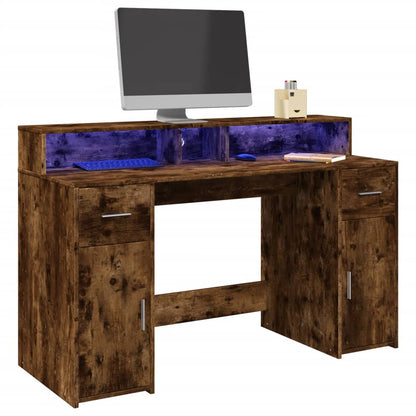 Desk with LED Lights Smoked Oak 140x55x91 cm Engineered Wood