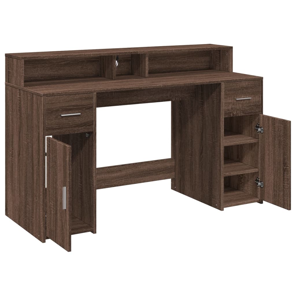 Desk with LED Lights Brown Oak 140x55x91 cm Engineered Wood