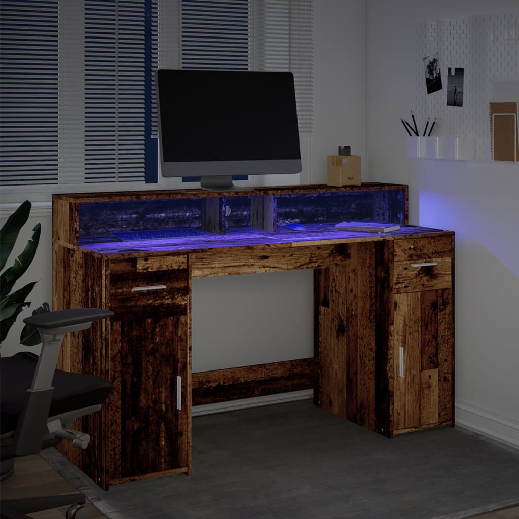 Desk with LED Lights Old Wood 140x55x91 cm Engineered Wood