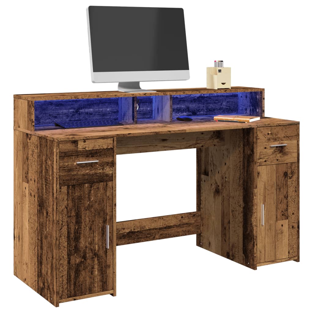 Desk with LED Lights Old Wood 140x55x91 cm Engineered Wood