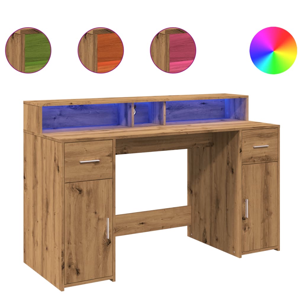 Desk with LED Lights Artisian Oak 140x55x91 cm Engineered Wood