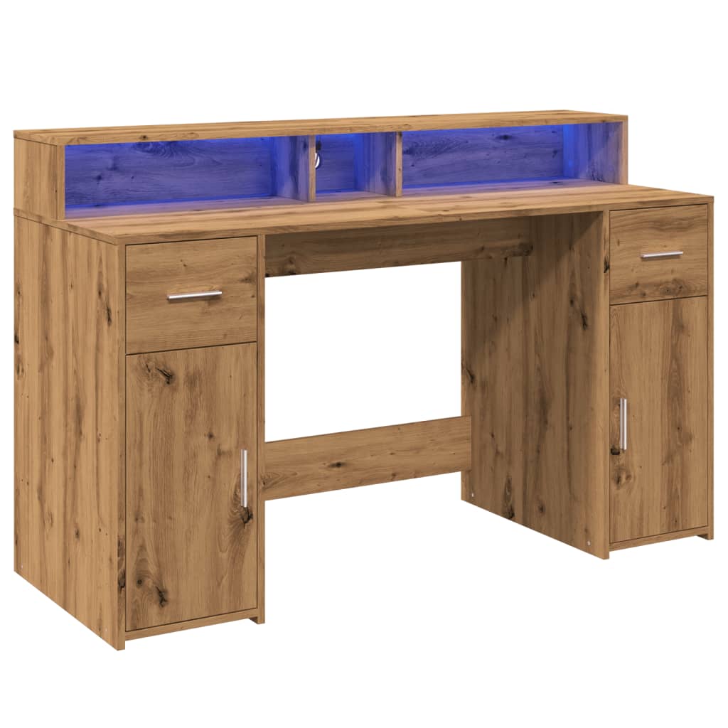 Desk with LED Lights Artisian Oak 140x55x91 cm Engineered Wood