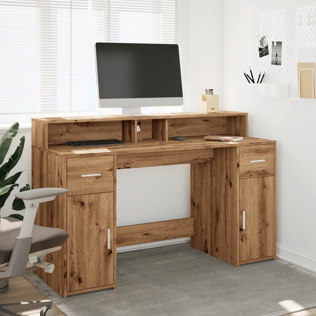 Desk with LED Lights Artisian Oak 140x55x91 cm Engineered Wood