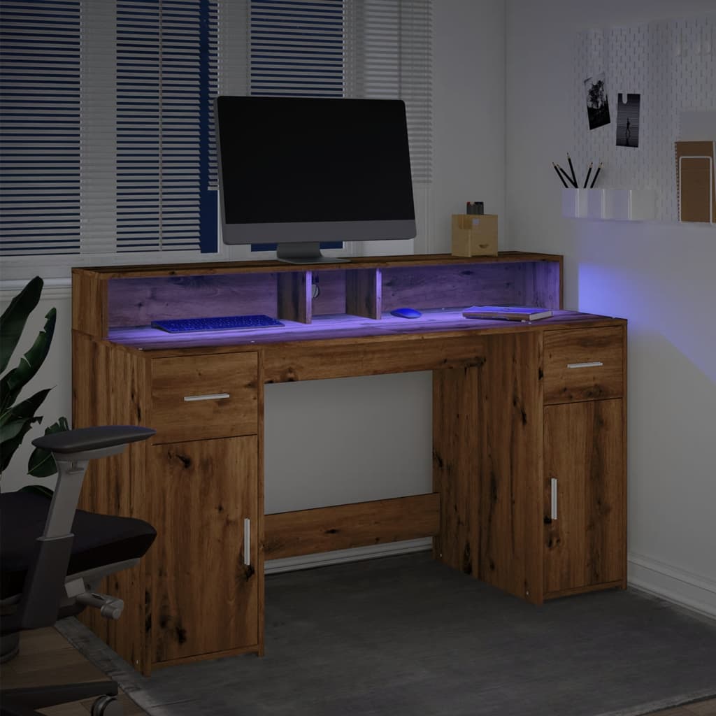 Desk with LED Lights Artisian Oak 140x55x91 cm Engineered Wood