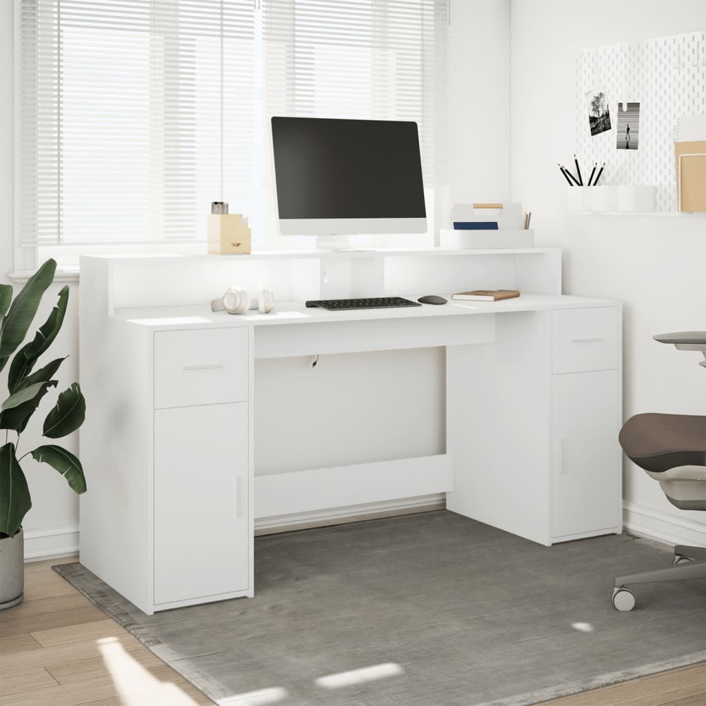 Desk with LED Lights White 160x55x91 cm Engineered Wood