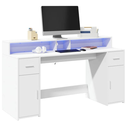 Desk with LED Lights White 160x55x91 cm Engineered Wood