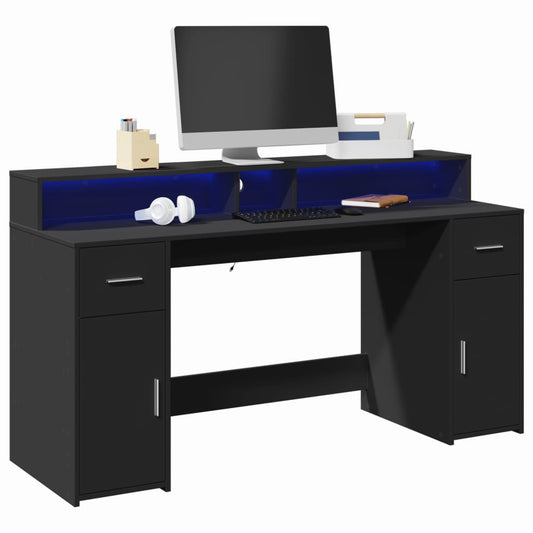 Desk with LED Lights Black 160x55x91 cm Engineered Wood