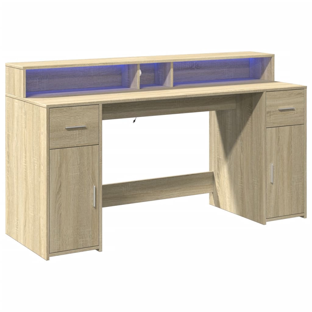 Desk with LED Lights Sonoma Oak 160x55x91 cm Engineered Wood