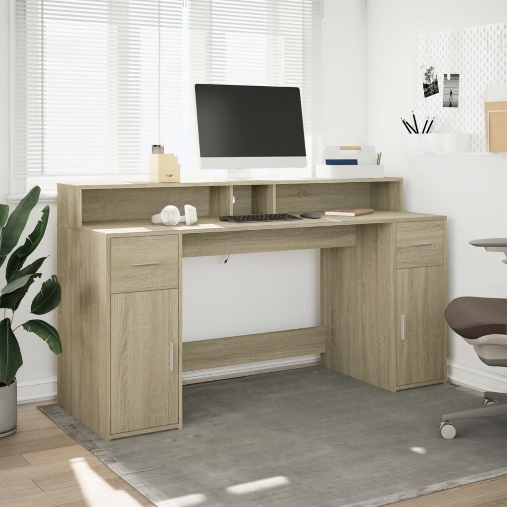 Desk with LED Lights Sonoma Oak 160x55x91 cm Engineered Wood