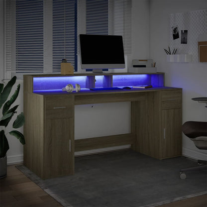 Desk with LED Lights Sonoma Oak 160x55x91 cm Engineered Wood