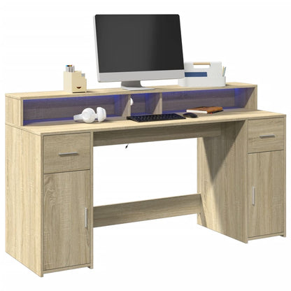 Desk with LED Lights Sonoma Oak 160x55x91 cm Engineered Wood