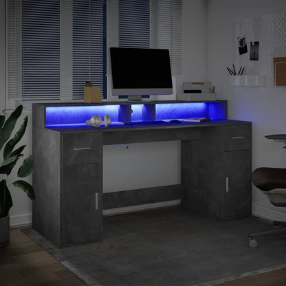 Desk with LED Lights Concrete Grey 160x55x91 cm Engineered Wood