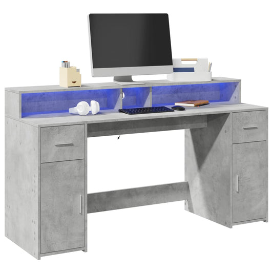 Desk with LED Lights Concrete Grey 160x55x91 cm Engineered Wood