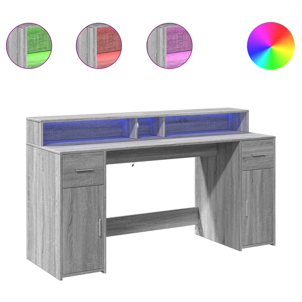 Desk with LED Lights Grey Sonoma 160x55x91 cm Engineered Wood