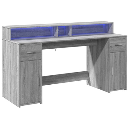 Desk with LED Lights Grey Sonoma 160x55x91 cm Engineered Wood