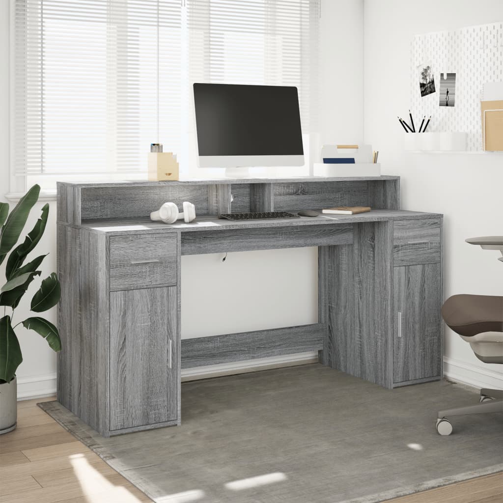 Desk with LED Lights Grey Sonoma 160x55x91 cm Engineered Wood