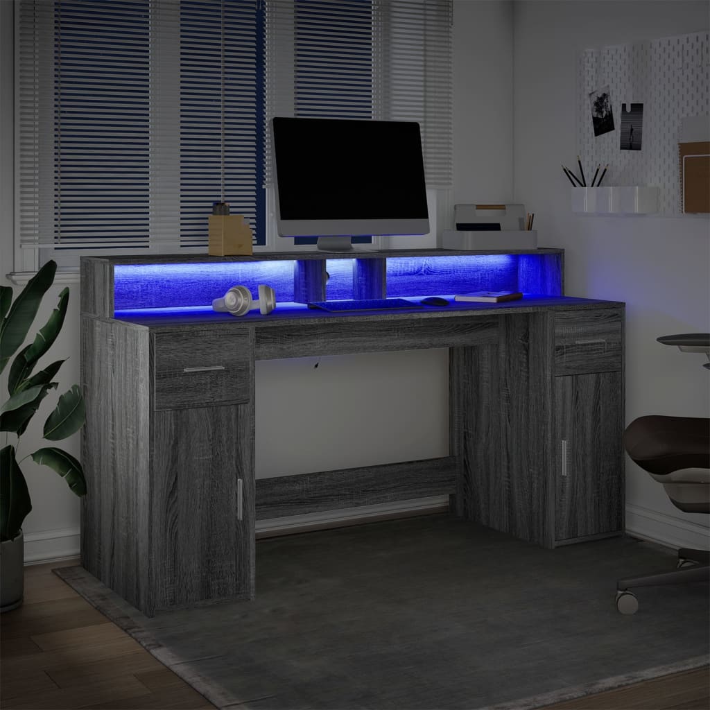 Desk with LED Lights Grey Sonoma 160x55x91 cm Engineered Wood