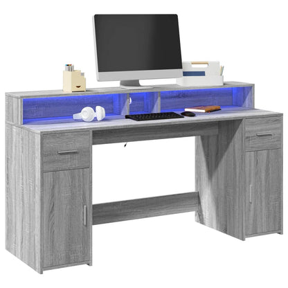 Desk with LED Lights Grey Sonoma 160x55x91 cm Engineered Wood