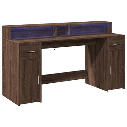 Desk with LED Lights Brown Oak 160x55x91 cm Engineered Wood