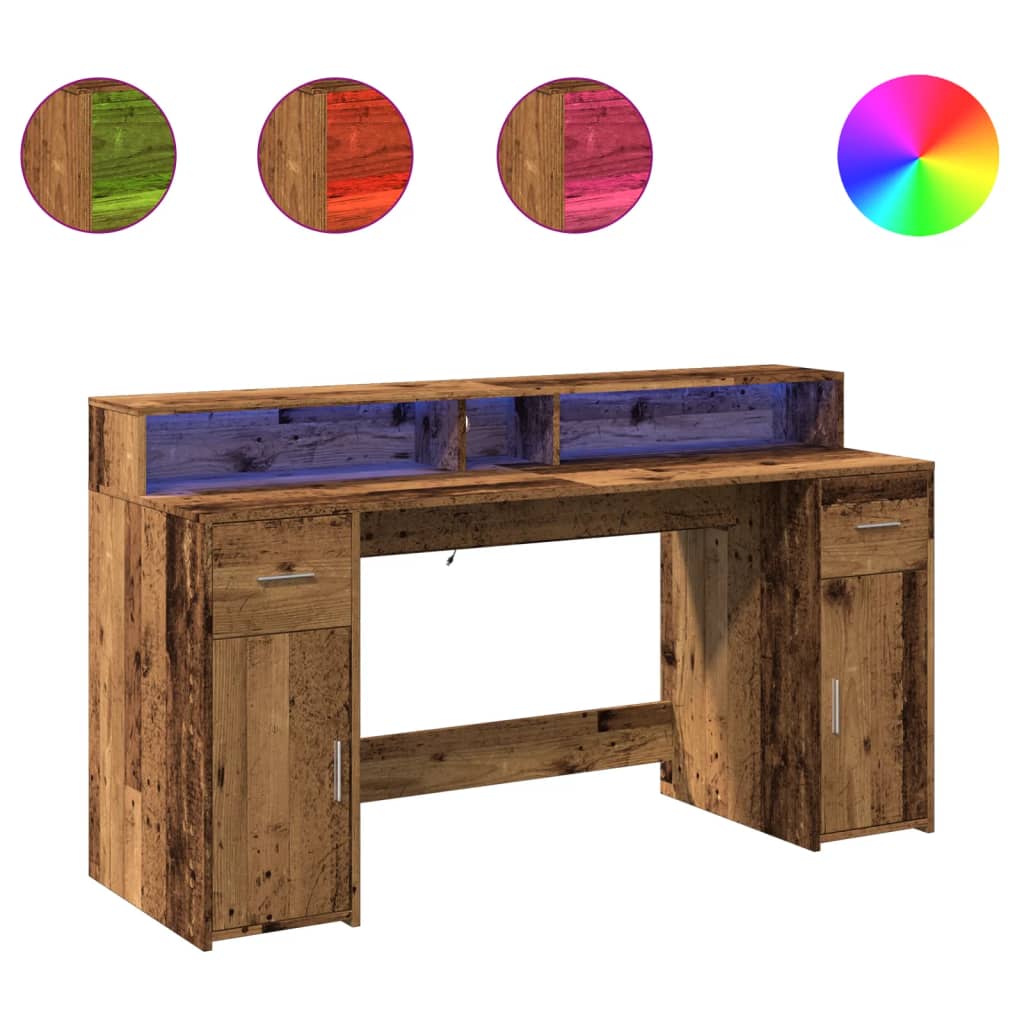 Desk with LED Lights Old Wood 160x55x91 cm Engineered Wood