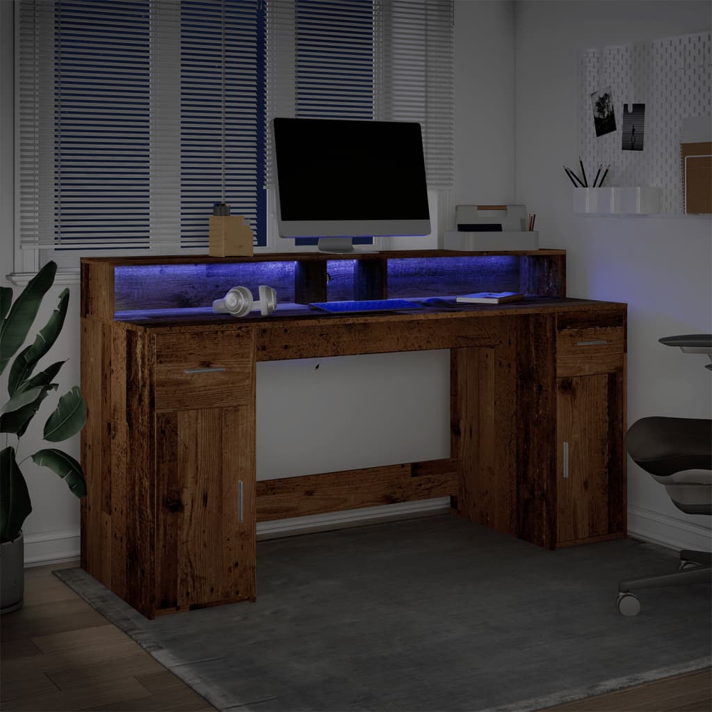 Desk with LED Lights Old Wood 160x55x91 cm Engineered Wood