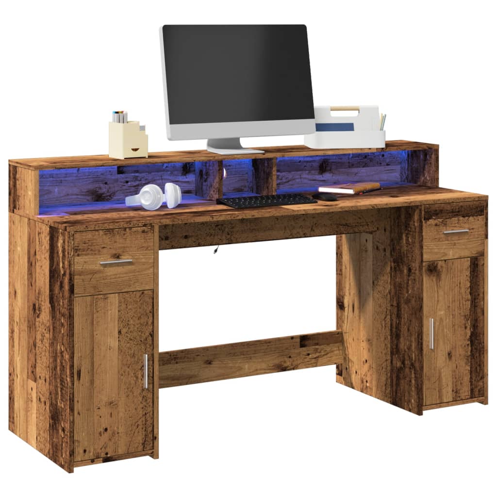 Desk with LED Lights Old Wood 160x55x91 cm Engineered Wood