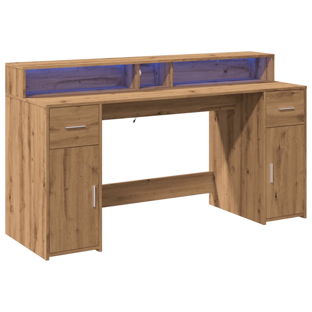 Desk with LED Lights Artisian Oak 160x55x91 cm Engineered Wood