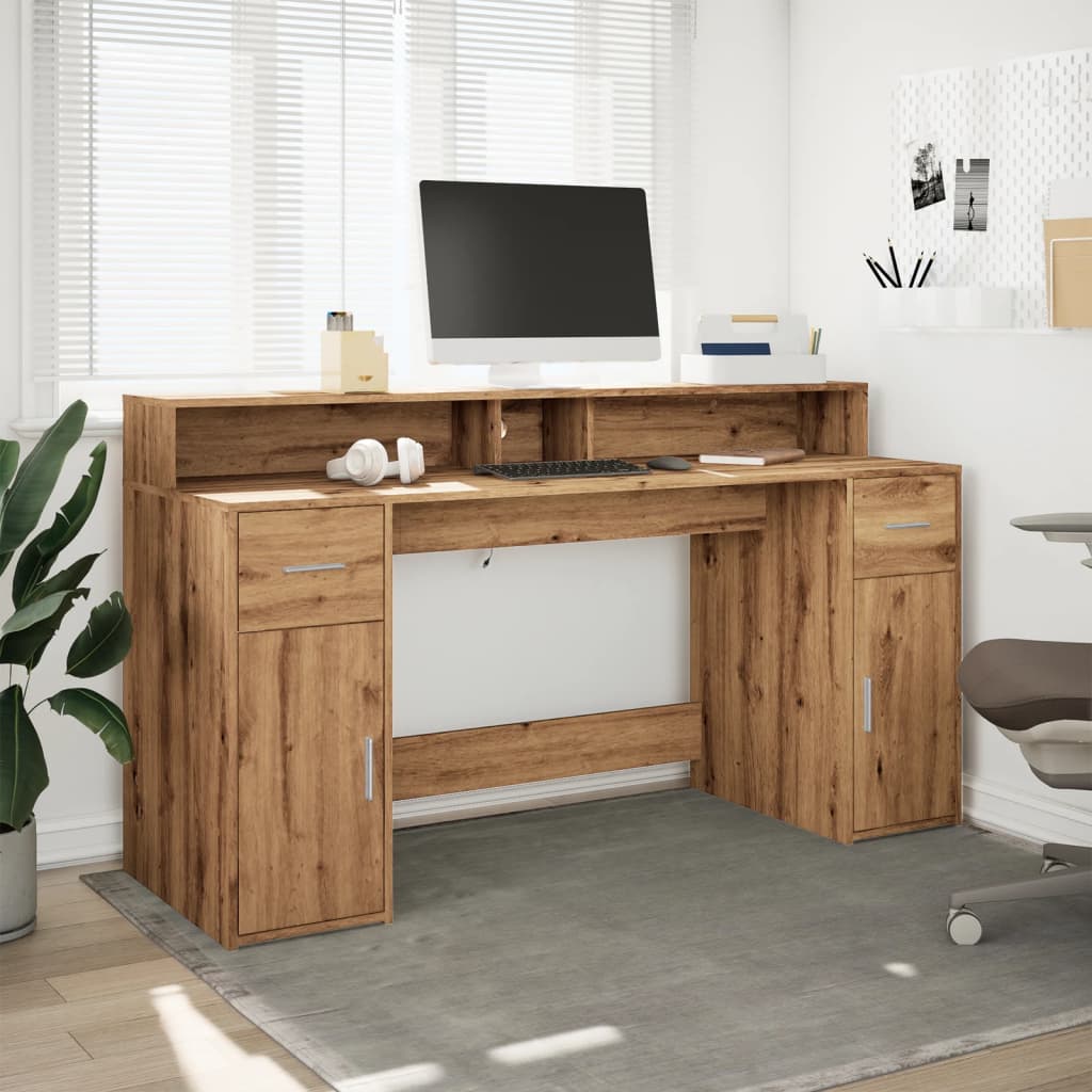 Desk with LED Lights Artisian Oak 160x55x91 cm Engineered Wood