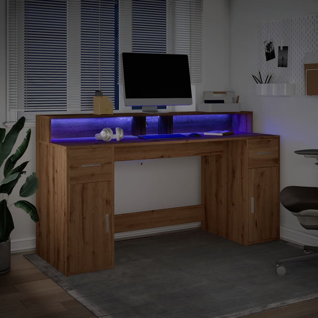 Desk with LED Lights Artisian Oak 160x55x91 cm Engineered Wood